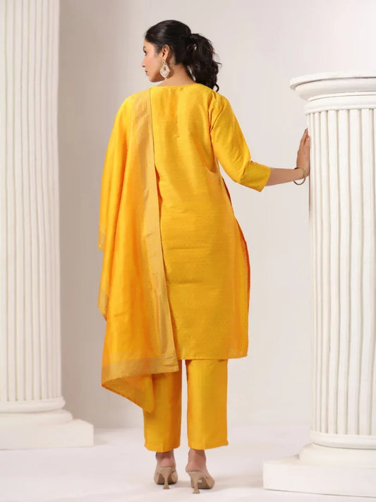 Span Yellow Round Neck Silk Kurta