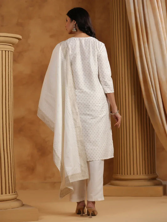 Span White Round Neck Silk Festive Kurta