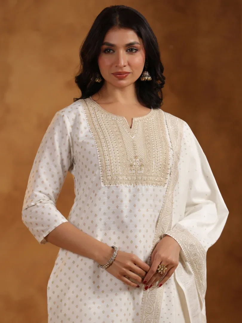 Span White Round Neck Silk Festive Kurta