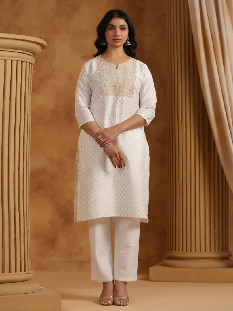 Span White Round Neck Silk Festive Kurta
