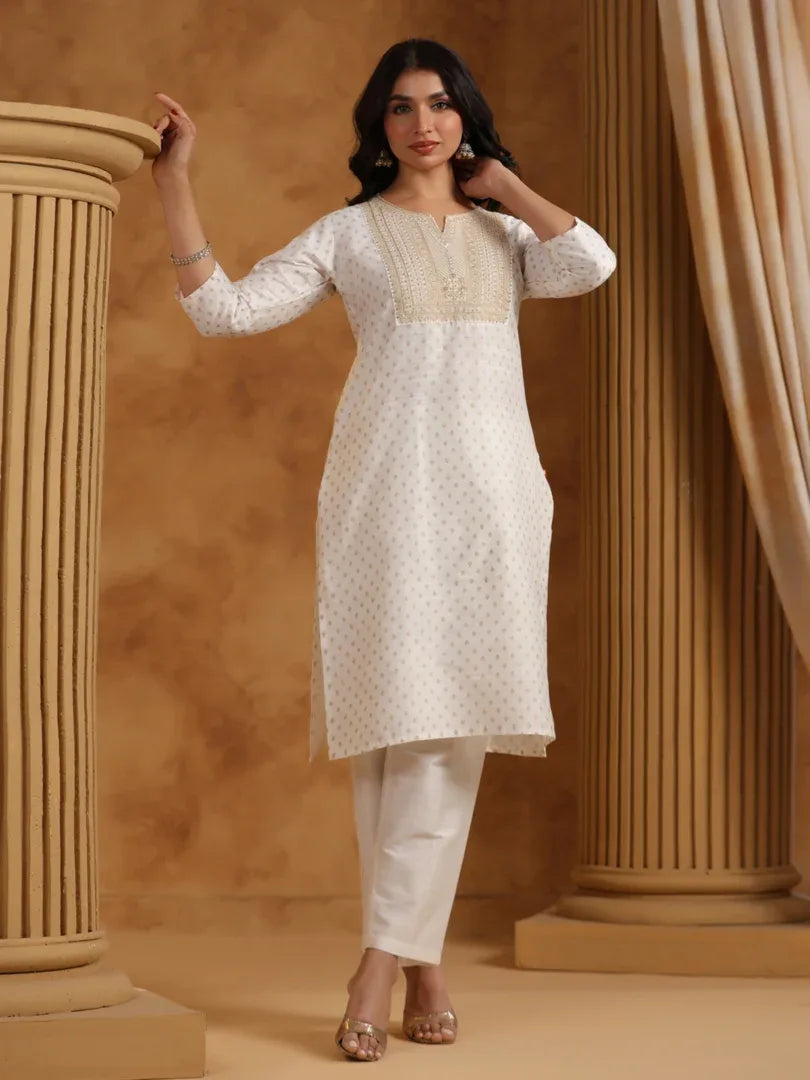 Span White Round Neck Silk Festive Kurta