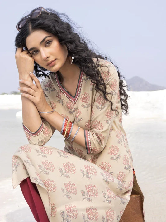 Span Beige V-Neck Rayon Kurta