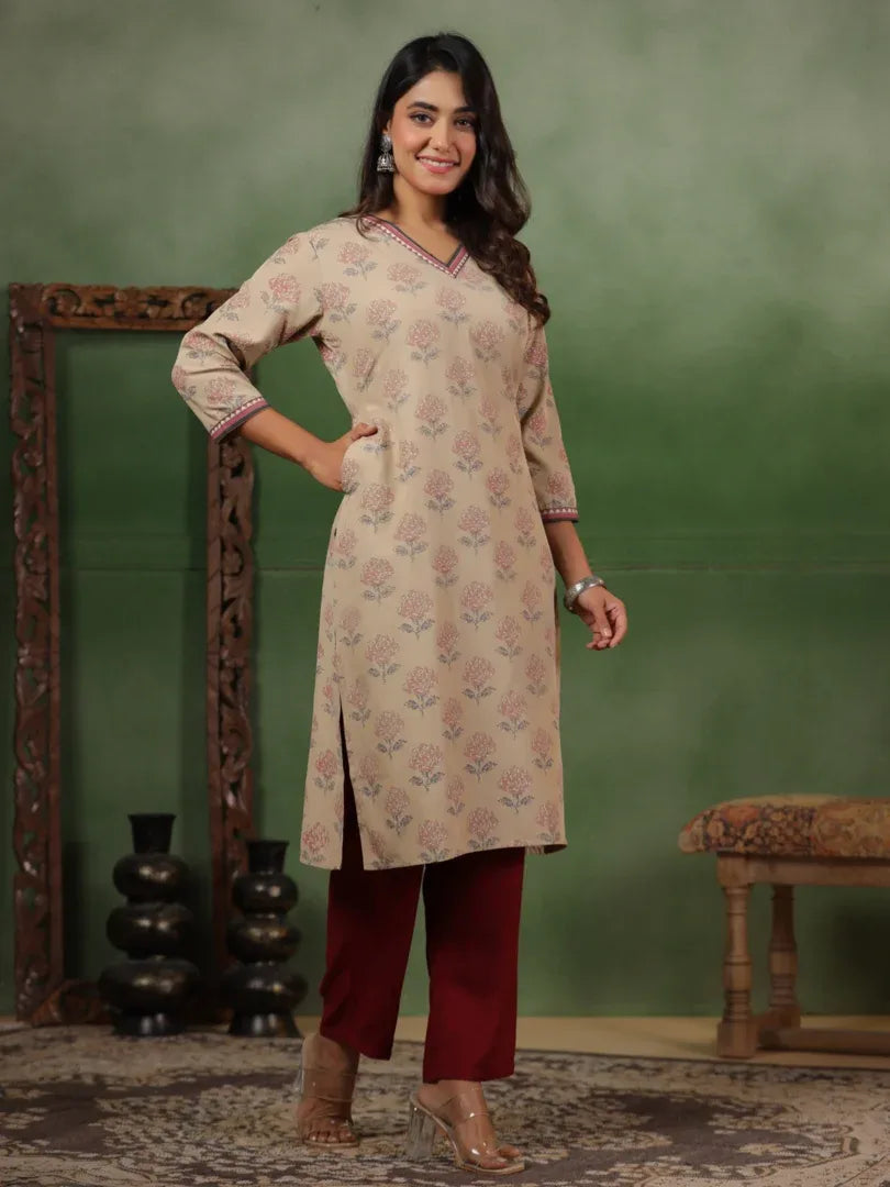 Span Beige V-Neck Rayon Kurta