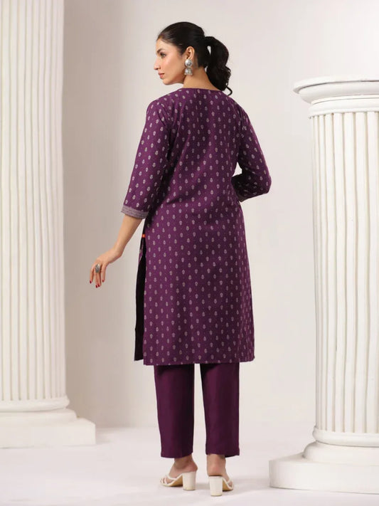 Span Purple V-Neck Rayon Kurta