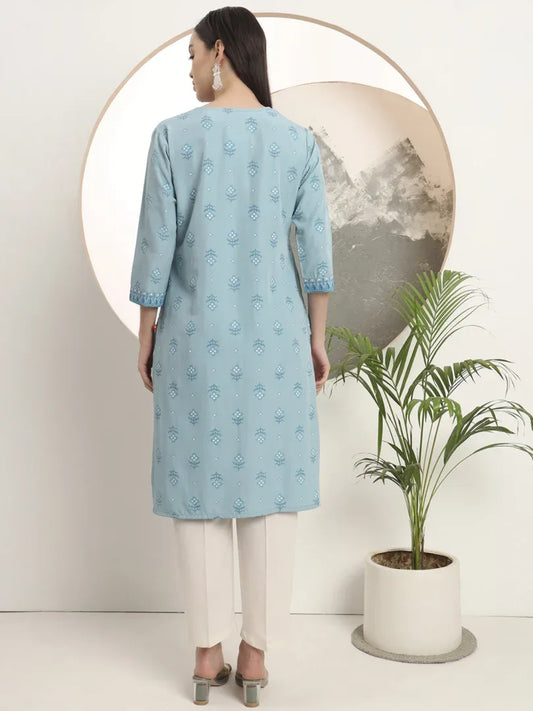 Span Blue V-Neck Rayon Kurta