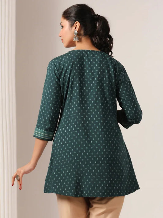 Span Green V-Neck Rayon Short Kurta