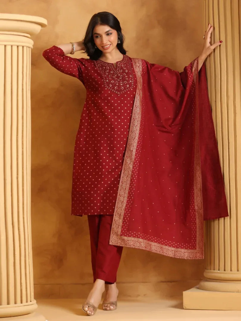 Span Burgundy Round Neck Silk Kurta