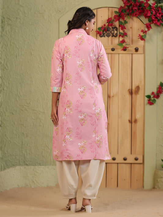 Span Pink Collard Cotton Casual Kurta