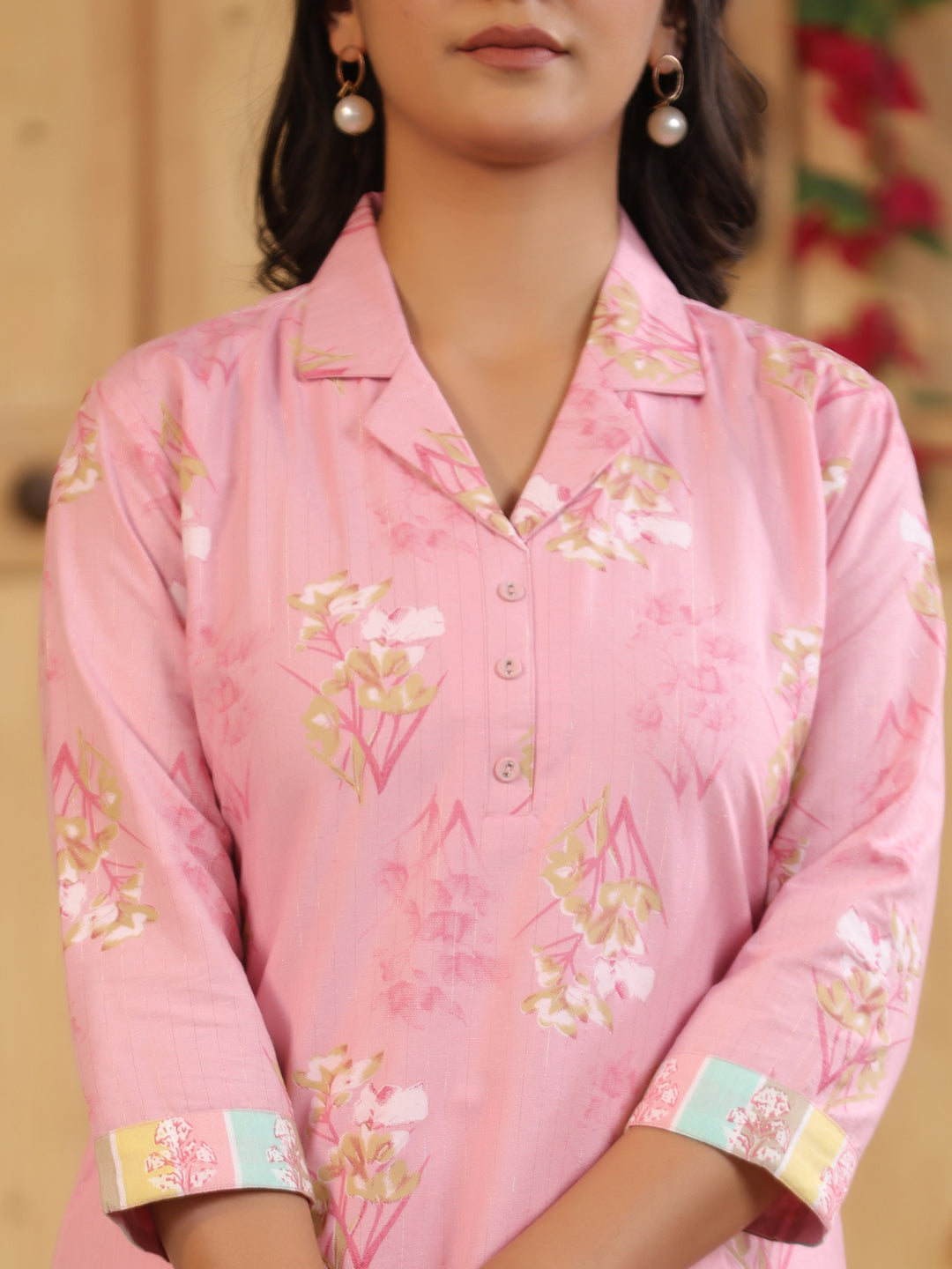 Span Pink Collard Cotton Casual Kurta