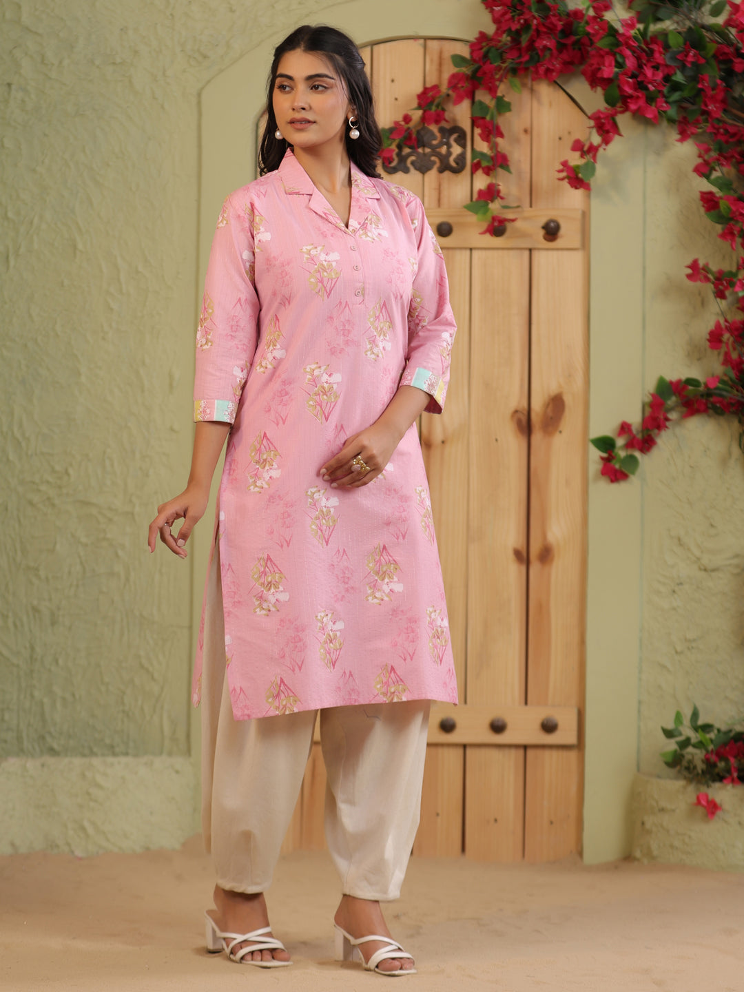 Span Pink Collard Cotton Casual Kurta