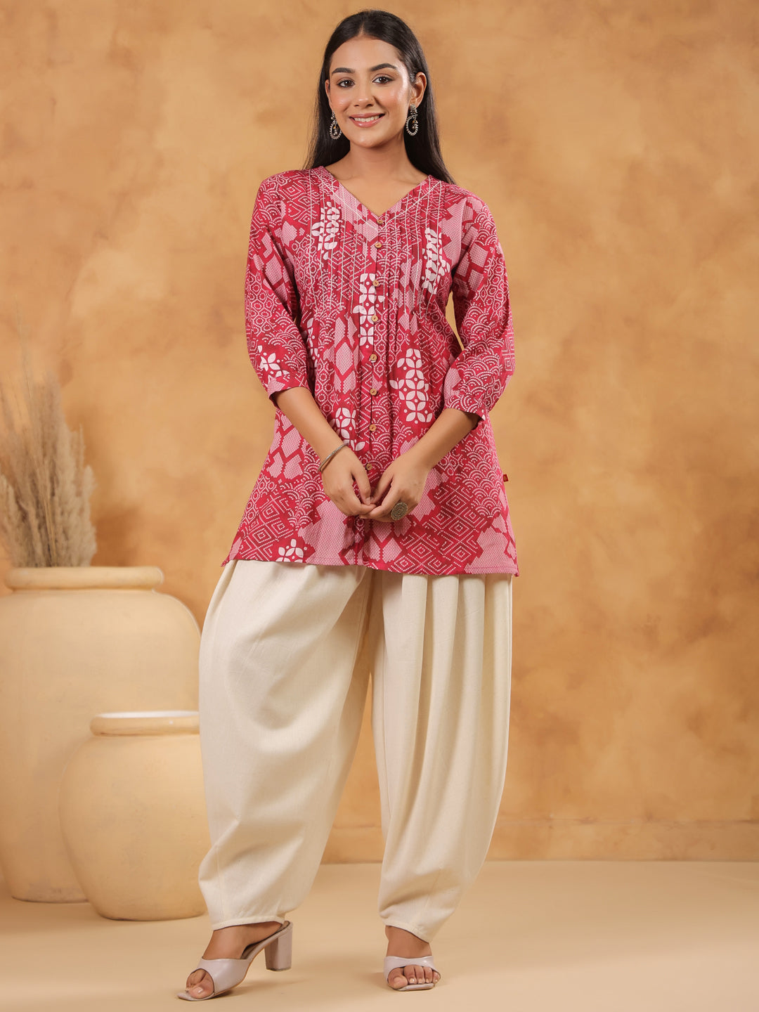 Span Pink V Neck Cotton Short Kurta