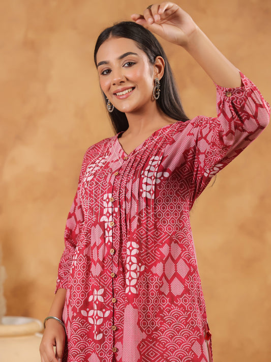 Span Pink V Neck Cotton Short Kurta