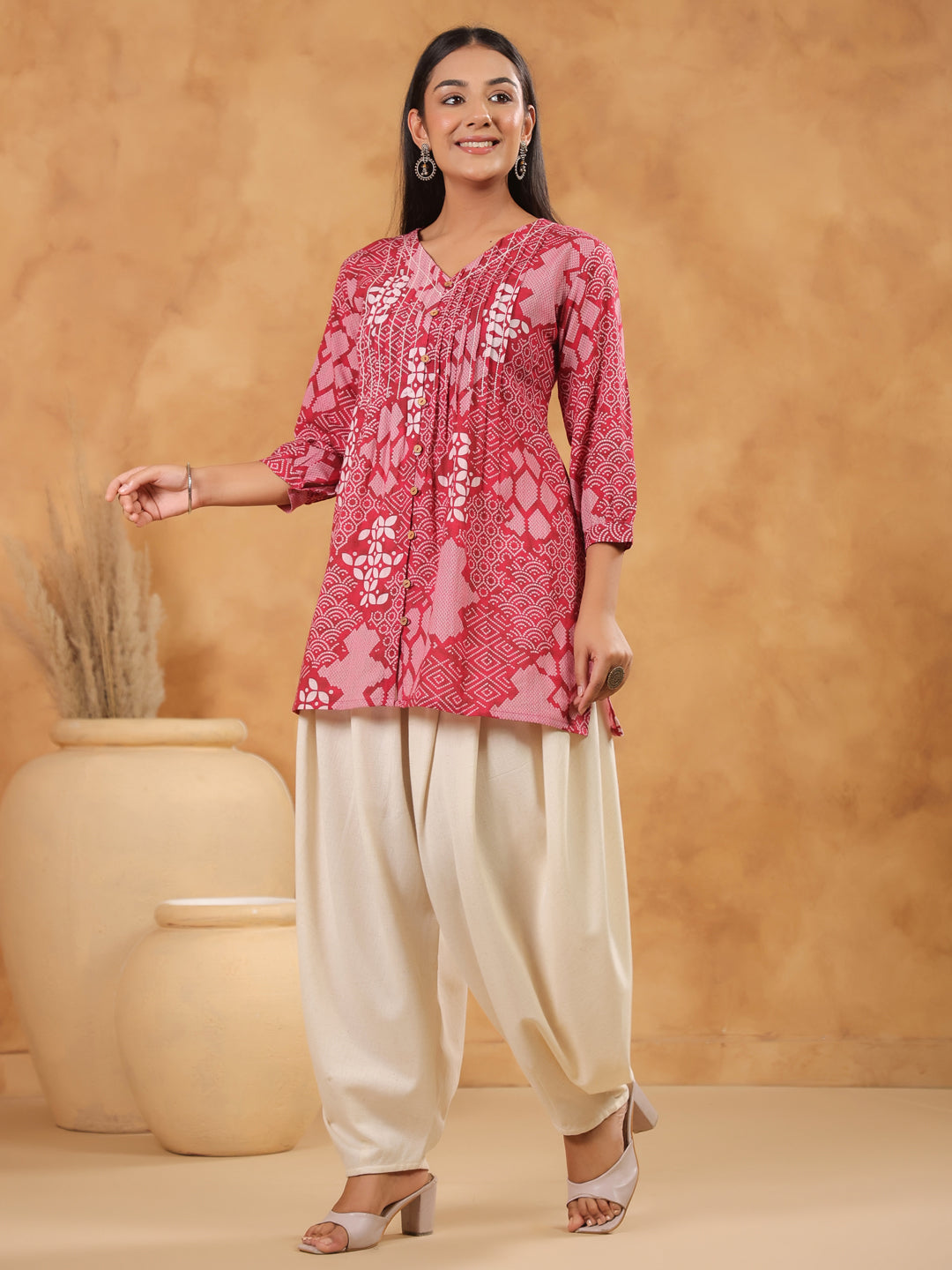 Span Pink V Neck Cotton Short Kurta