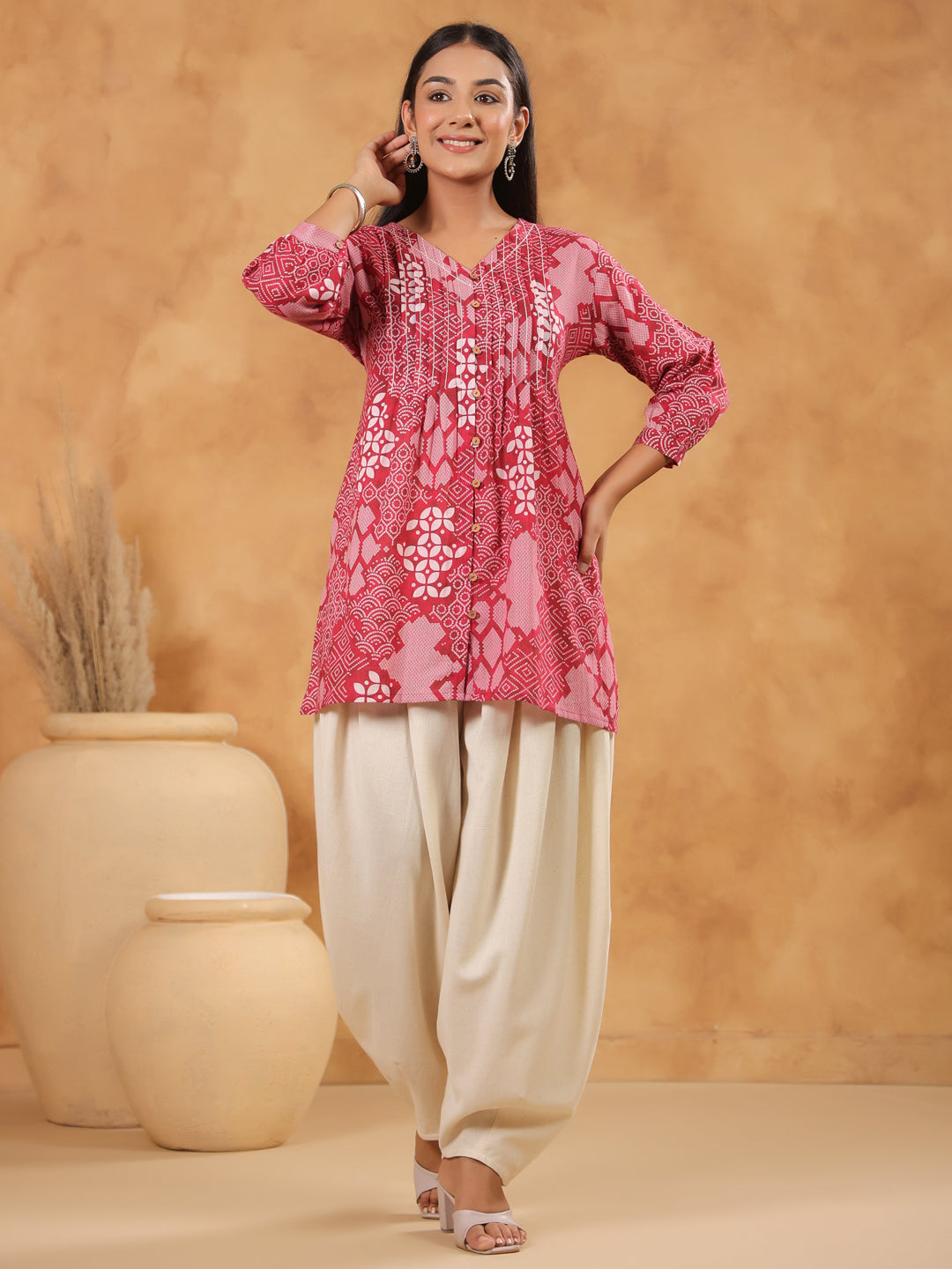 Span Pink V Neck Cotton Short Kurta