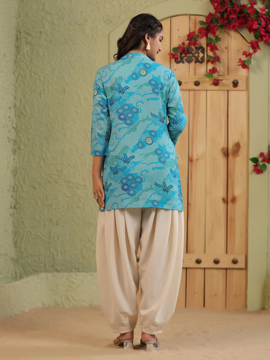 Span Blue Mandarin Cotton Casual Short Kurta