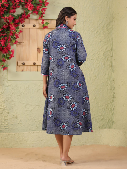 Span Blue Deep-V Cotton Casual Kurta