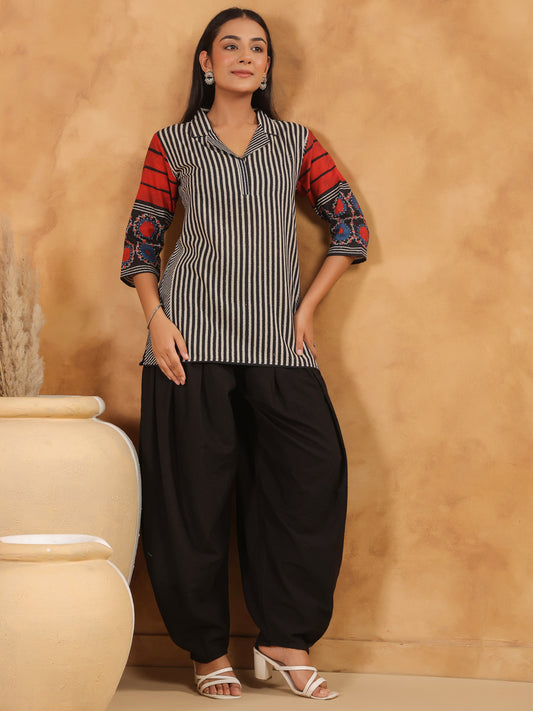 Span Black Collard Cotton Short Kurta