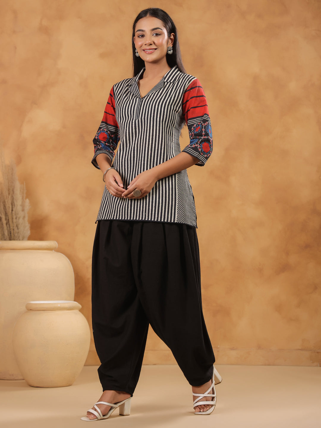 Span Black Collard Cotton Short Kurta