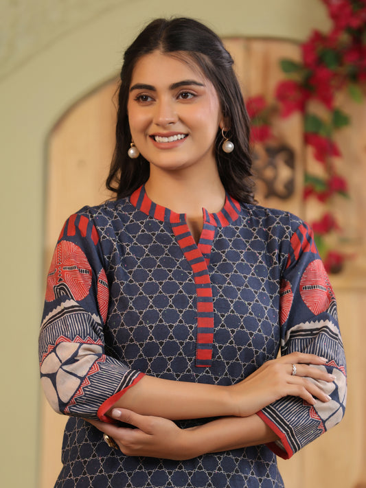 Span Blue Mandarin Neck Cotton Kurta