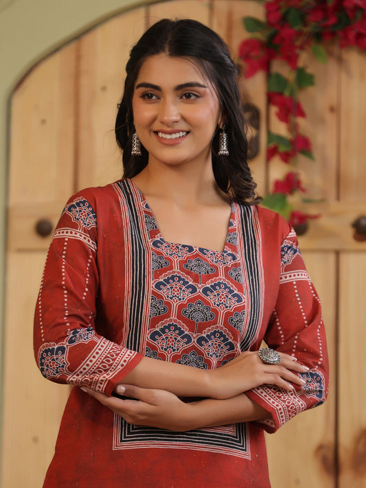 Span Burgundy Square Neck Cotton Kurta