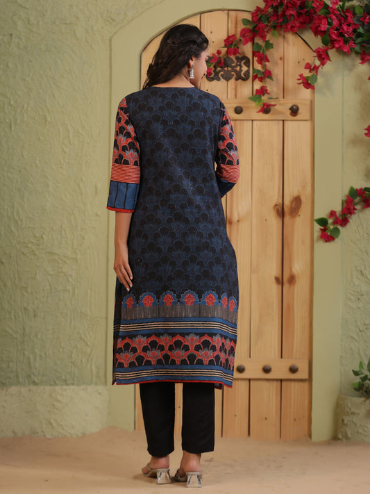 Span Blue Round Neck Cotton Casual Kurta