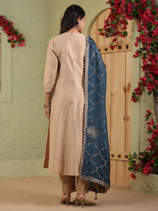 Span Beige V-Neck Silk Kurta Set with Dupatta