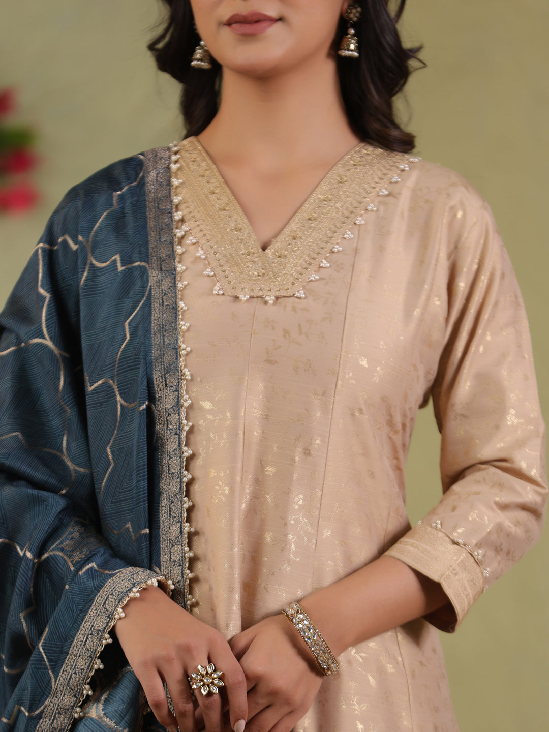 Span Beige V-Neck Silk Kurta Set with Dupatta