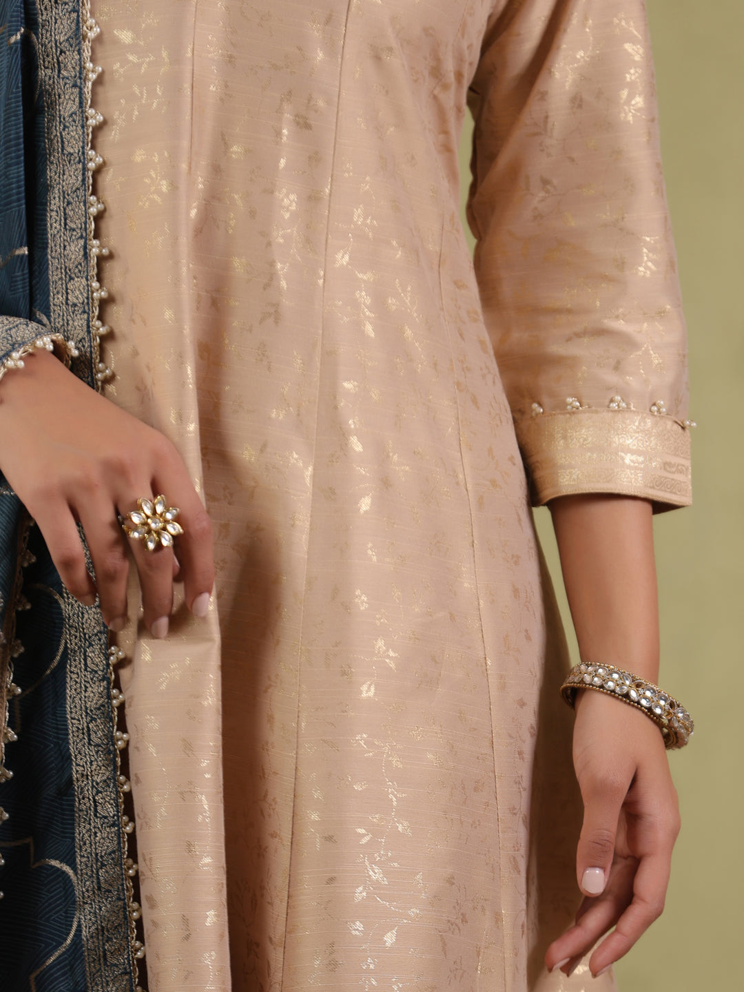 Span Beige V-Neck Silk Kurta Set with Dupatta