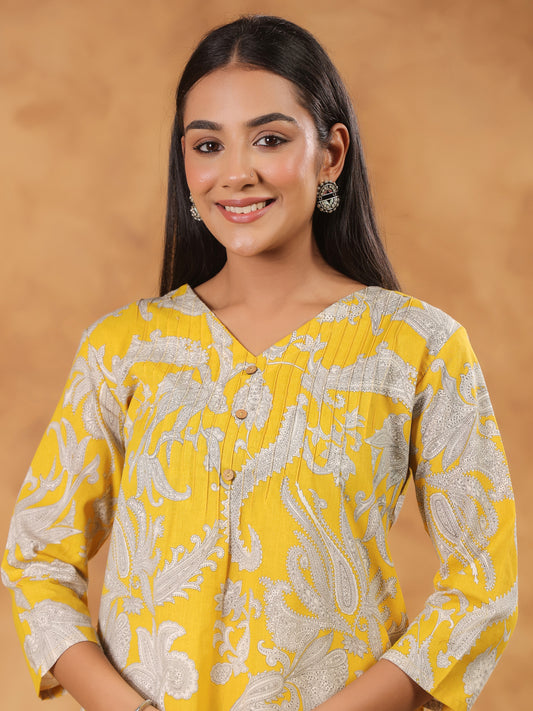 Span yellow V Neck Cotton Short Kurta