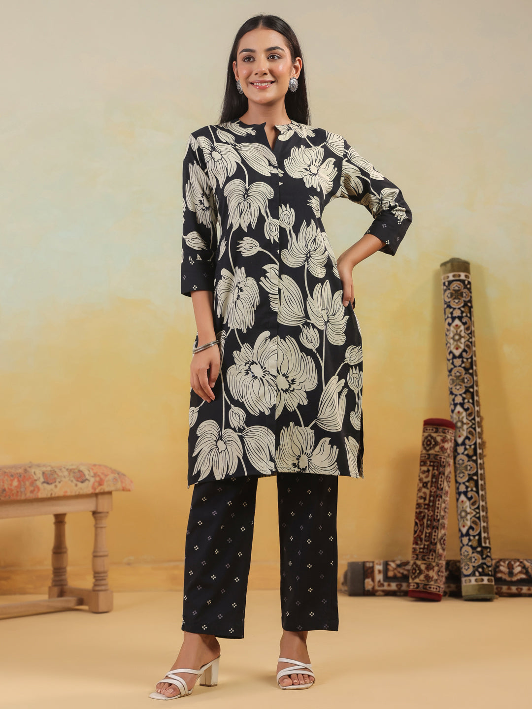 Span Black Mandarin Neck Cotton Co-Ord Set(Set of 2)