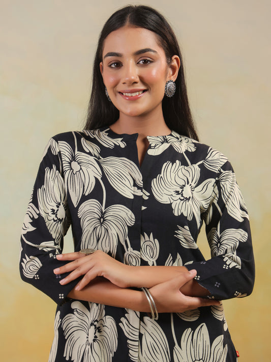 Span Black Mandarin Neck Cotton Co-Ord Set(Set of 2)