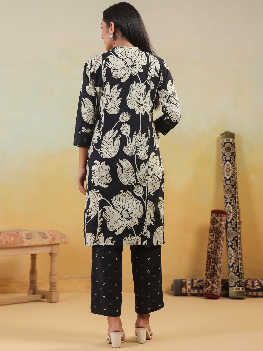 Span Black Mandarin Neck Cotton Co-Ord Set(Set of 2)