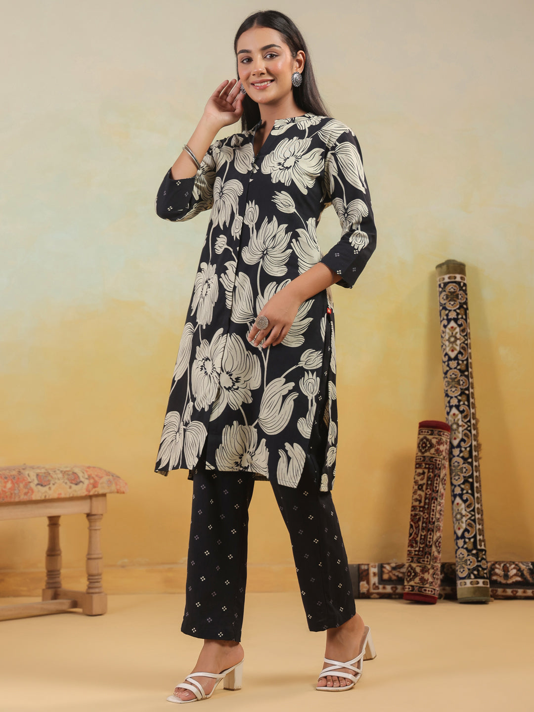 Span Black Mandarin Neck Cotton Co-Ord Set(Set of 2)