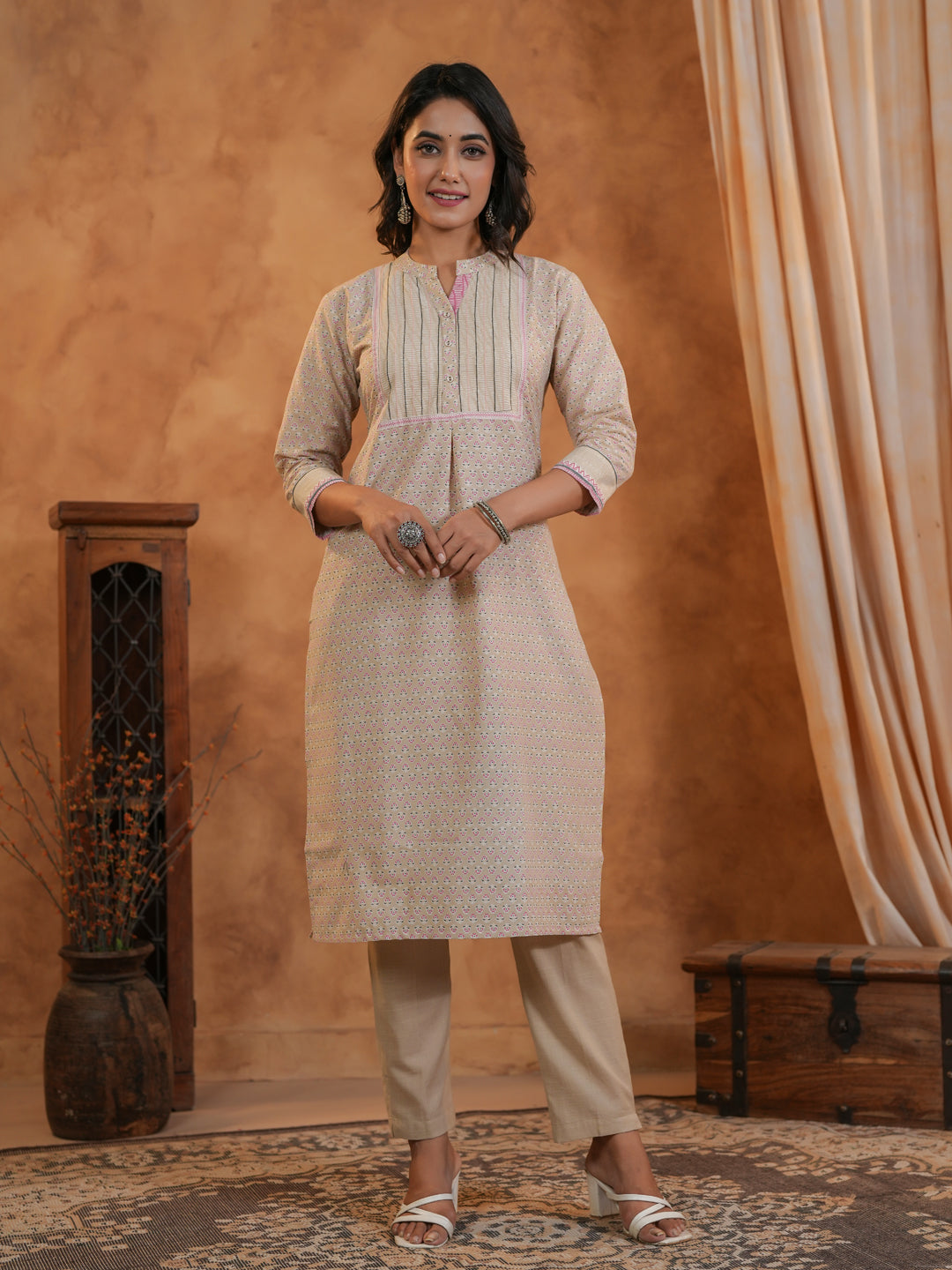 Span Beige Mandarin Neck Cotton Kurta