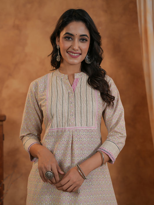 Span Beige Mandarin Neck Cotton Kurta