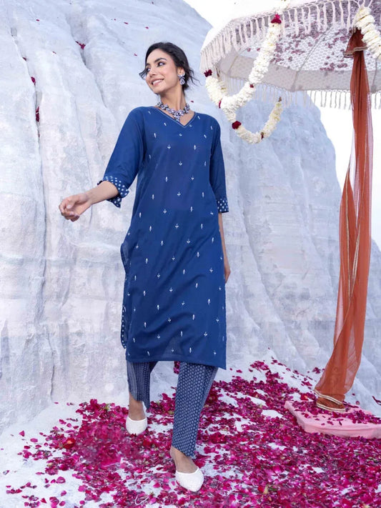 Span Blue V-Neck Cotton Co-Ord Set (Set of 2)