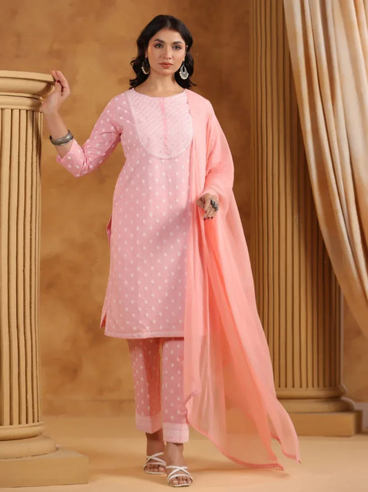 Span Pink Chiffon Kurta Set with Dupatta