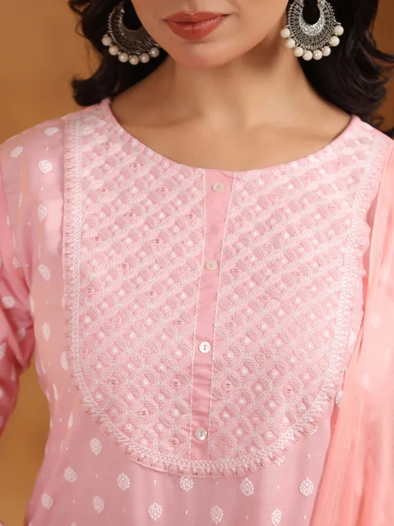 Span Pink Chiffon Kurta Set with Dupatta
