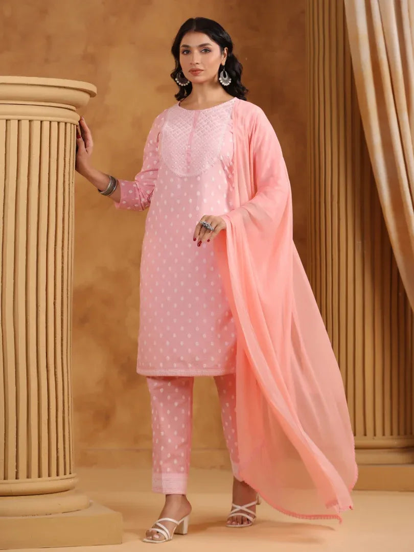 Span Pink Chiffon Kurta Set with Dupatta