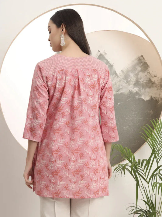 Span Pink Round Neck Cotton Short Kurta