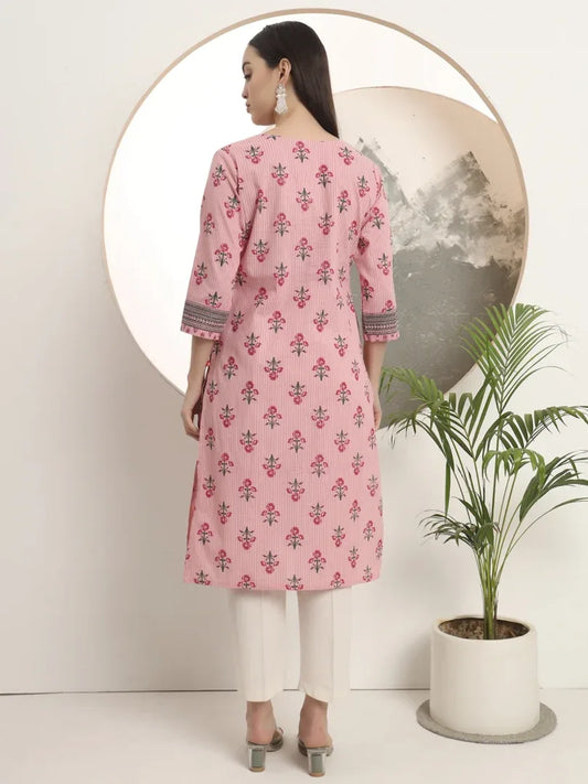 Span Pink V-Neck Cotton Kurta