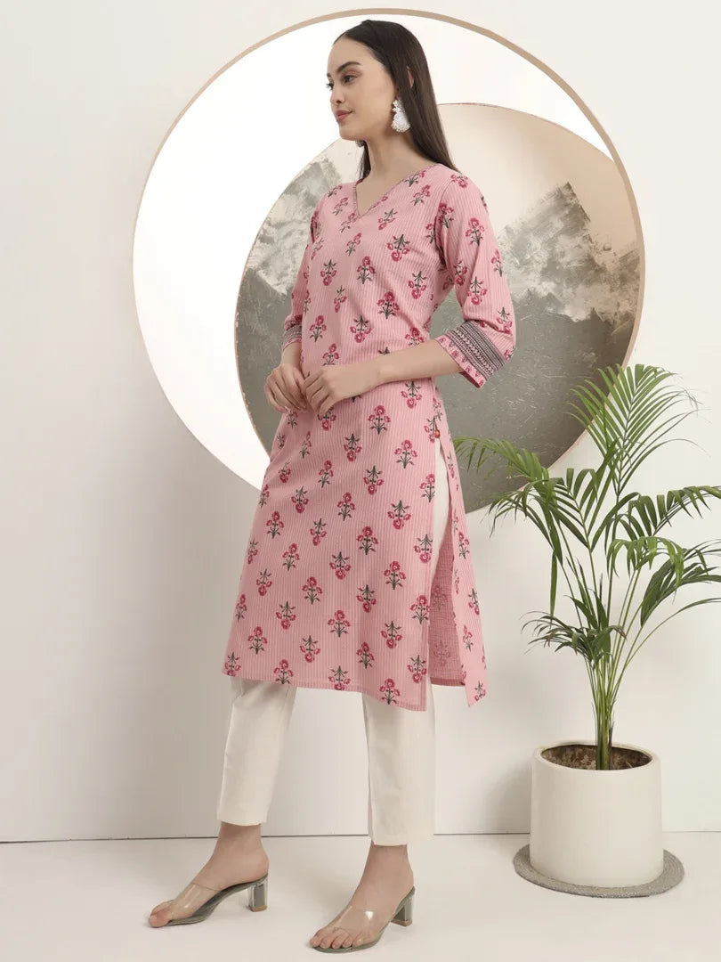 Span Pink V-Neck Cotton Kurta