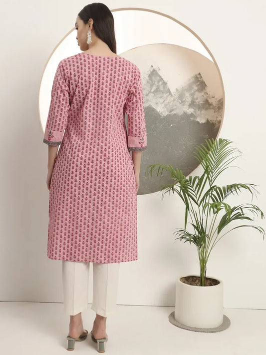 Span Pink Round Neck Cotton Kurta