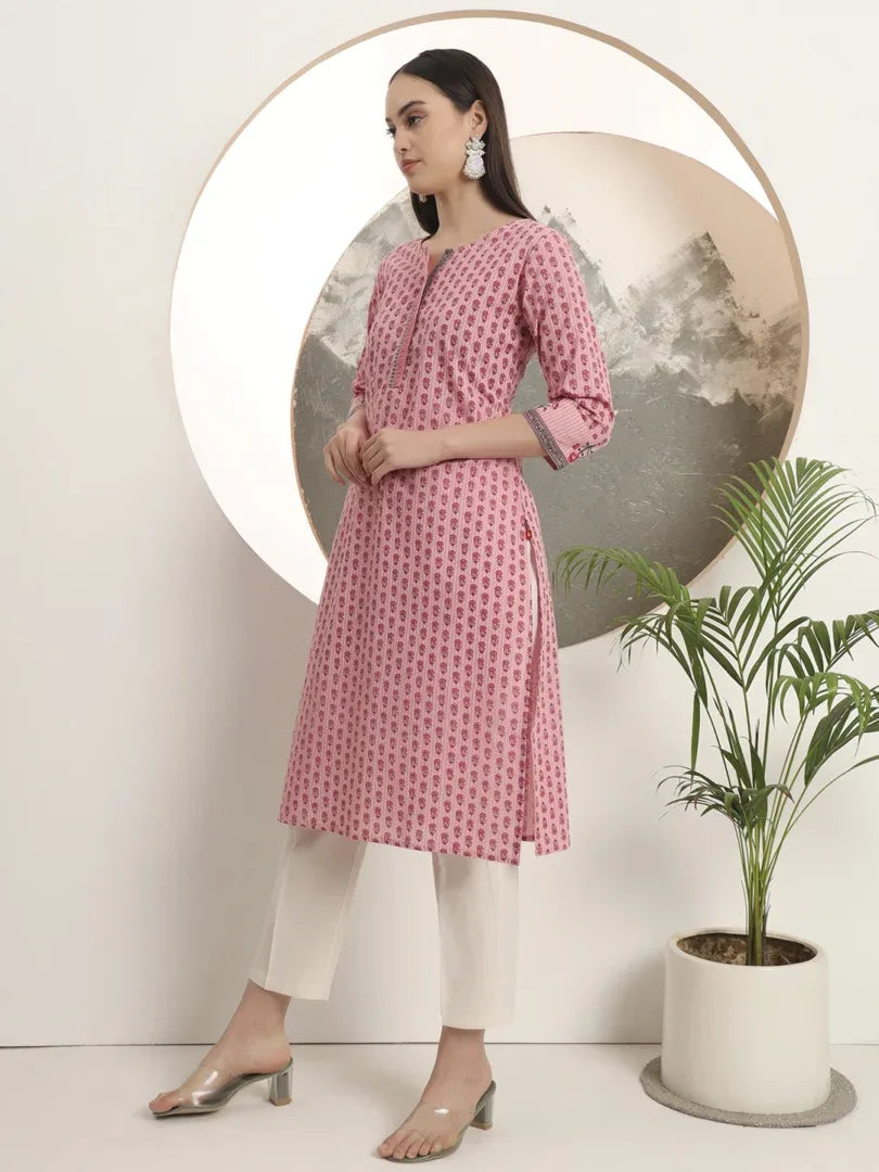 Span Pink Round Neck Cotton Kurta