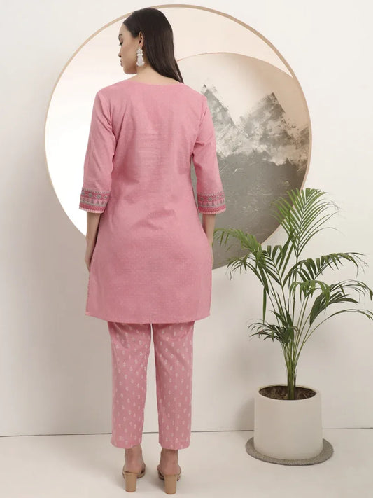 Span Pink V-Neck Cotton Co-Ord Set(Set of 2)