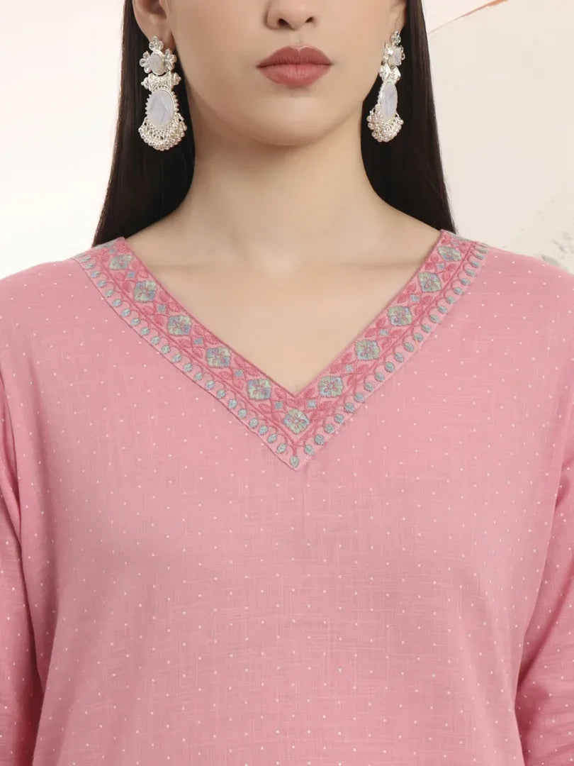 Span Pink V-Neck Cotton Co-Ord Set(Set of 2)