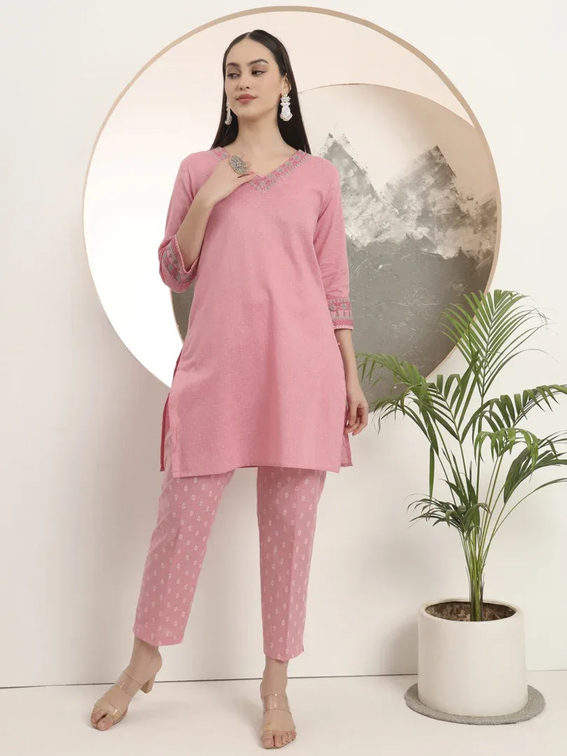 Span Pink V-Neck Cotton Co-Ord Set(Set of 2)