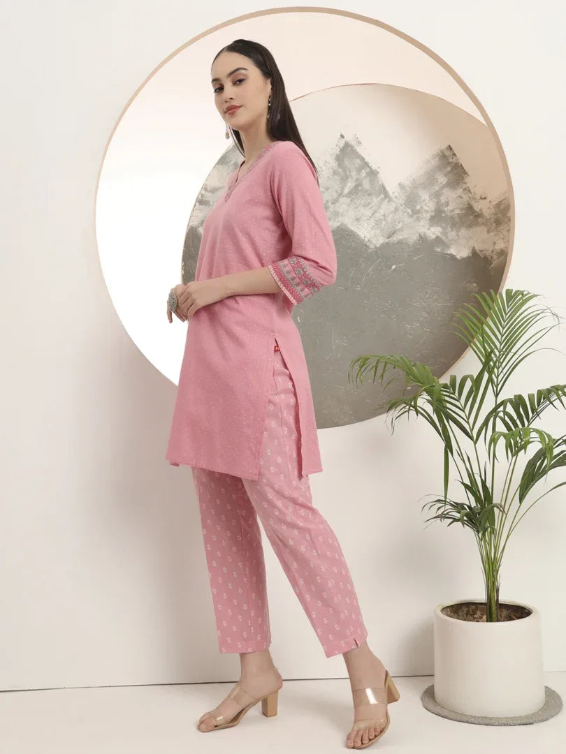 Span Pink V-Neck Cotton Co-Ord Set(Set of 2)