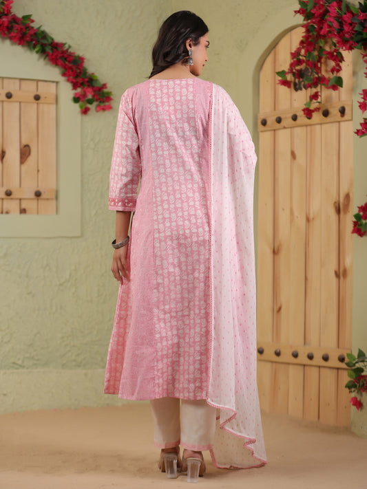 Span Pink V-Neck Cotton Kurta Set with Duaptta
