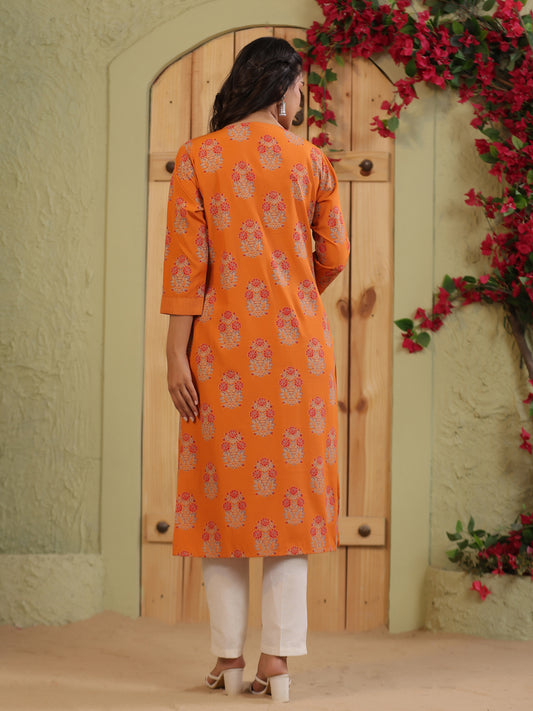 Span Orange V-Neck Cotton Casual Kurta